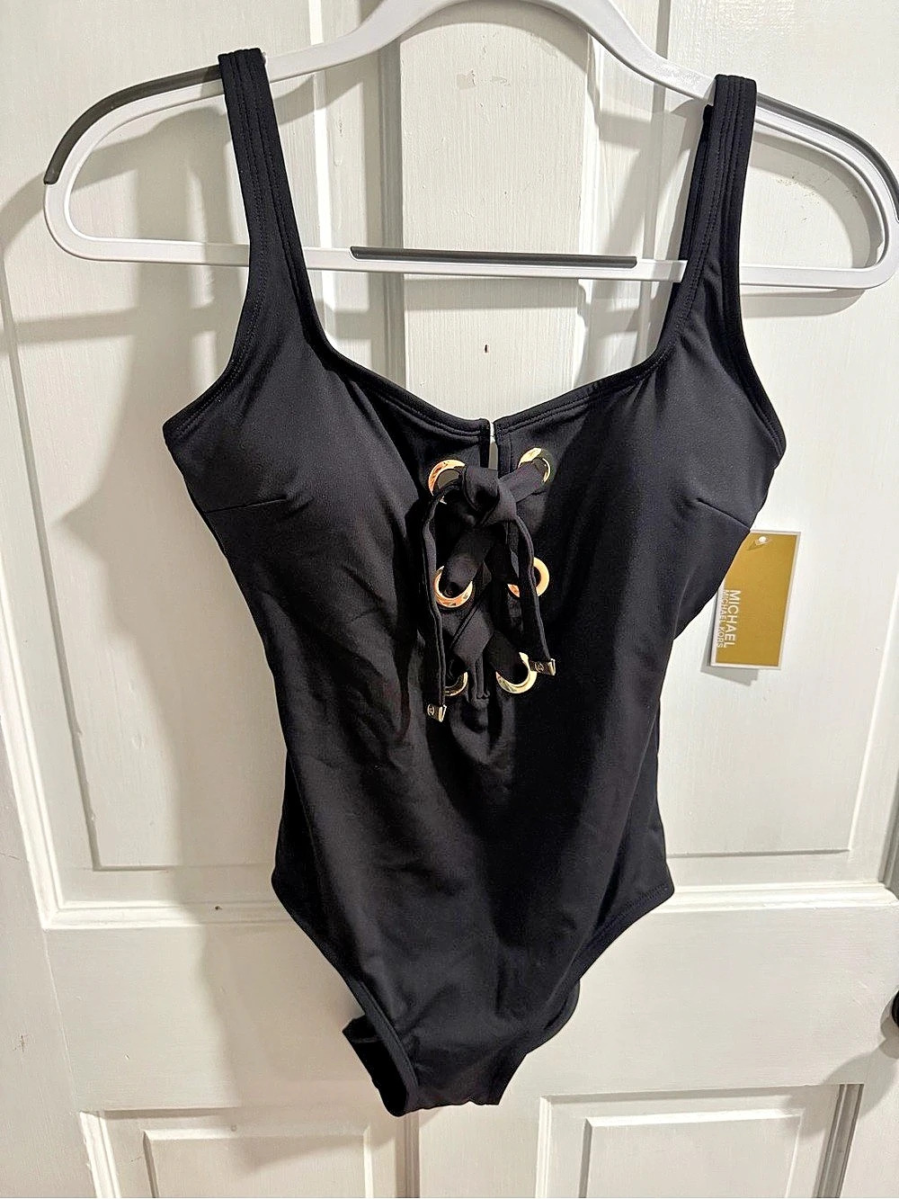 Michael Kors Lace-Up One-Piece Swimsuit in Black Size 10 NWT